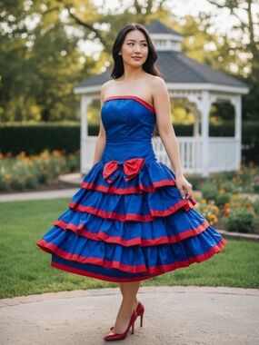 Vtg 80s Antonia Collection Dress 4 Small Tiered Ruffle Blue Red Strapless Formal